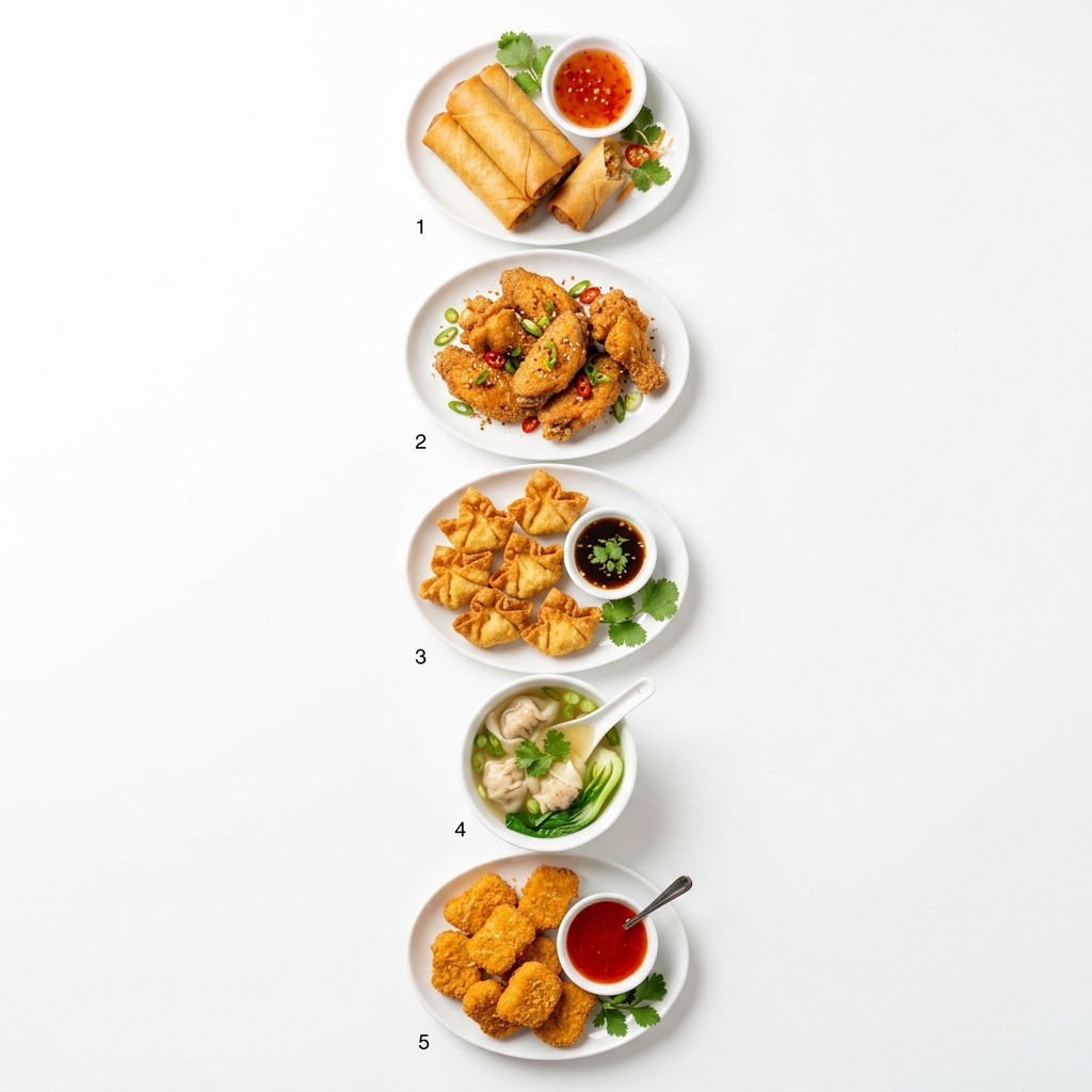 Spring Rolls, Chicken Wings, Fried Wontons, Wonton Soup, and Chicken Nuggets